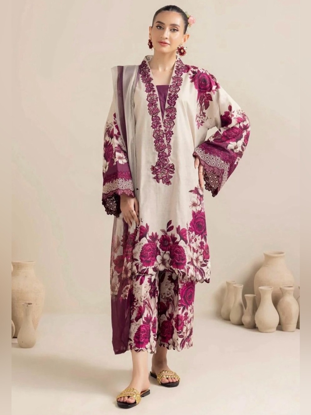 Pakistani Indian dress cream and dark pink floral dress